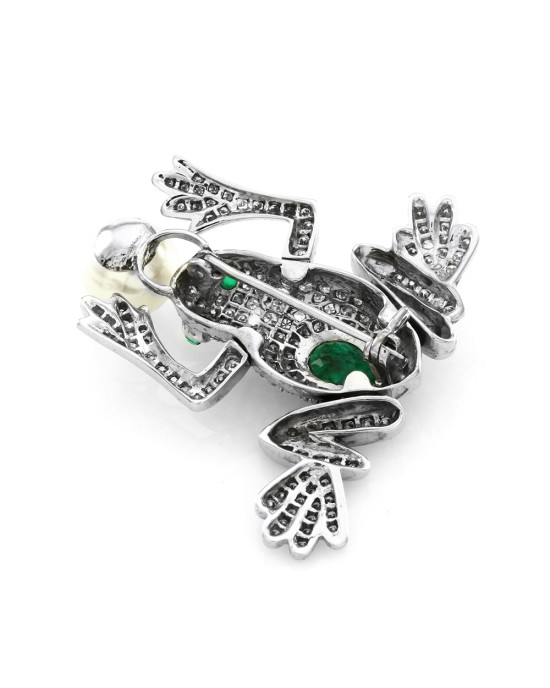 Emerald, Pave Diamond & Pearl Frog Brooch in 18K White Gold
